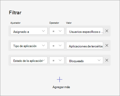 Captura de pantalla que muestra cómo filtrar aplicaciones combinando varios criterios, como asignaciones, tipo de aplicación y estado de la aplicación.
