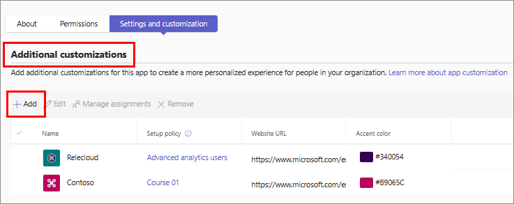 Captura de pantalla que muestra la opción para crear una nueva opción de personalización de aplicaciones.