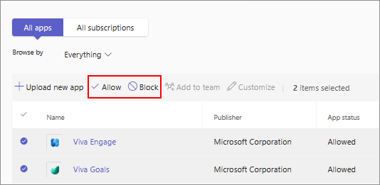 Captura de pantalla que muestra la opción de permitir o bloquear una aplicación en la página Administrar aplicaciones.