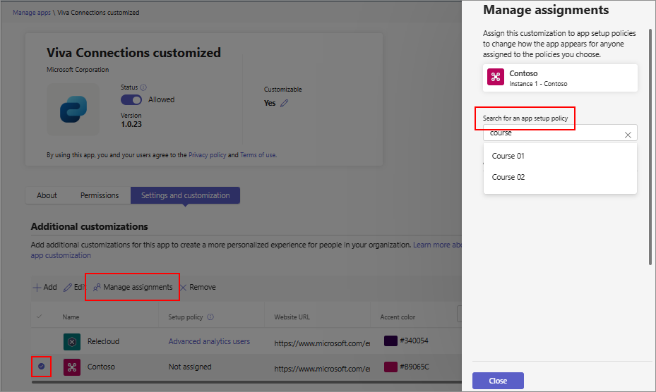 Captura de pantalla que muestra la opción administrar asignaciones que se usa para aplicar una directiva de configuración a una personalización adicional.