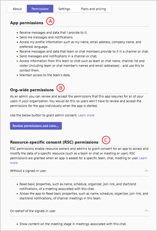 Captura de pantalla que muestra la página del centro de administración que enumera y solicita permisos para una aplicación y también permite a los administradores conceder el consentimiento para dichos permisos a todos los usuarios de la organización.