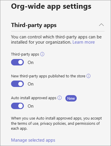 Captura de pantalla que muestra la opción instalar automáticamente aplicaciones aprobadas en el centro de administración que debe estar habilitada para usar la característica.