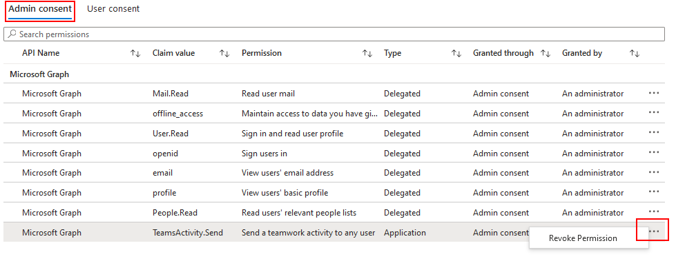 Captura de pantalla que muestra la opción de revocar un permiso de Graph de una aplicación desde el centro de administración de Microsoft Entra.