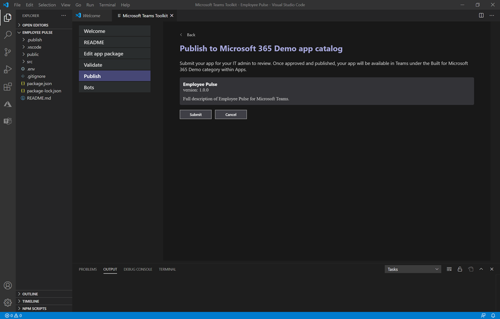 Captura de pantalla del envío de aplicaciones en Visual Studio Code.