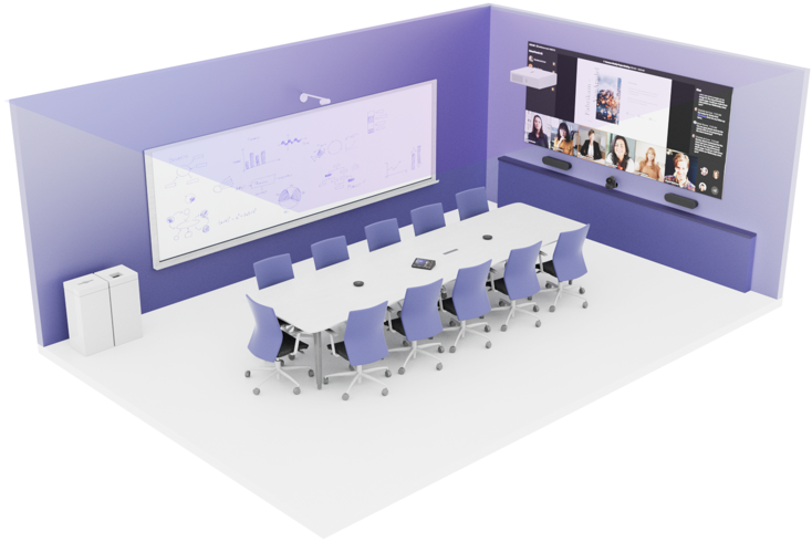 Imagen de una sala de reuniones estándar con mesa y sillas rectangulares y una pantalla de proyector.