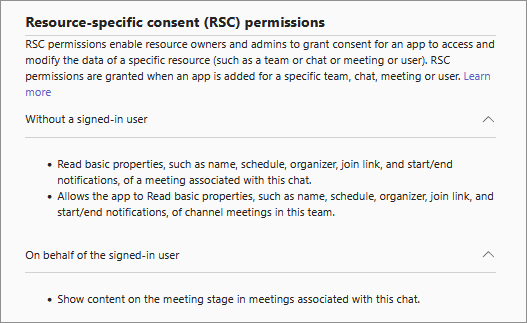 Captura de pantalla que muestra un ejemplo de permisos de RSC de una aplicación en la pestaña Permisos.