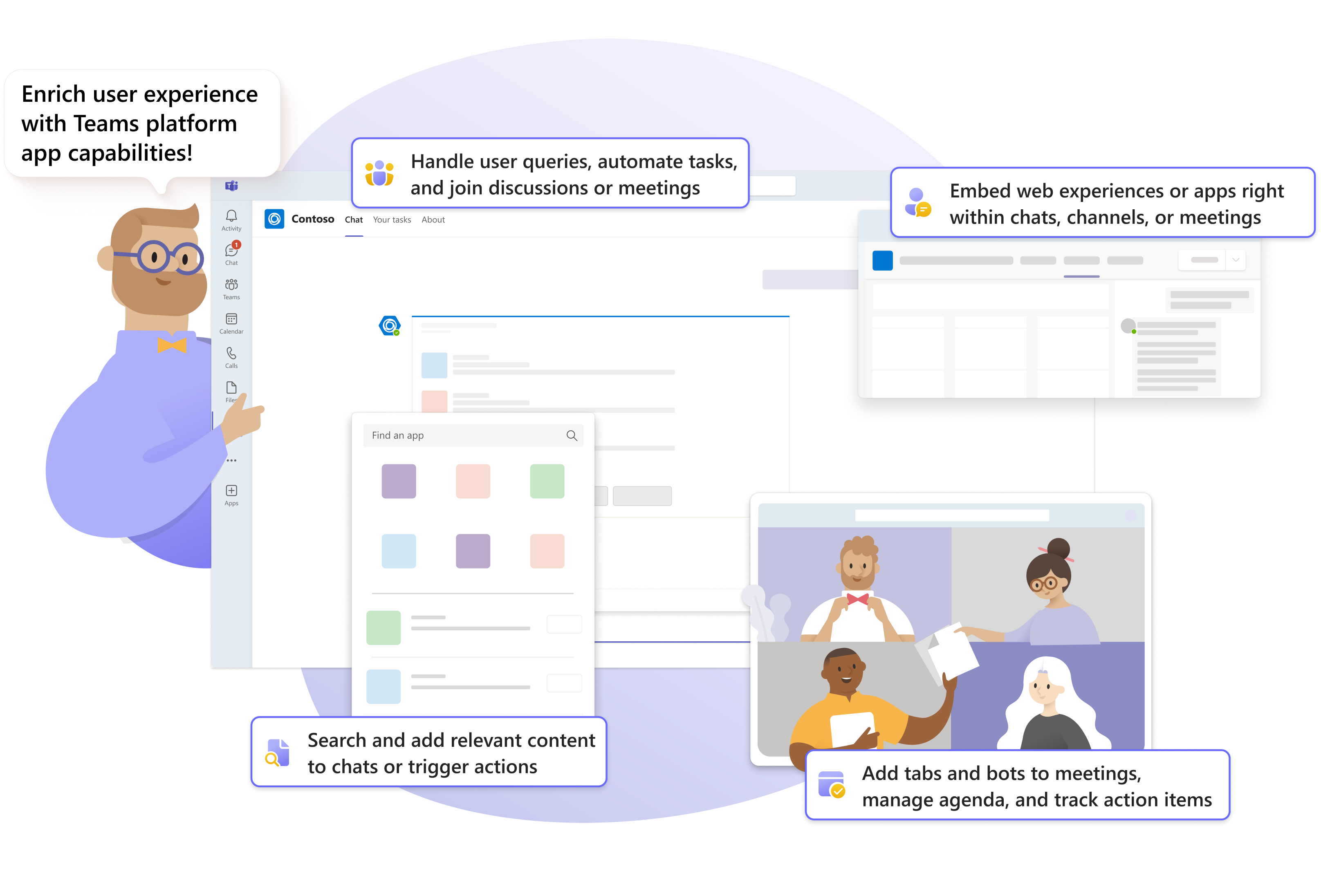 Captura de pantalla de los diferentes tipos de aplicaciones de Teams, incluidas pestañas, bots, extensiones de mensajes y aplicaciones de reuniones.