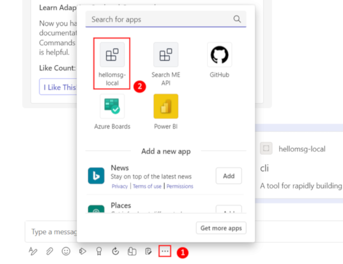Captura de pantalla que muestra cómo abrir la aplicación de extensión de mensaje desde el área de redacción de mensajes.