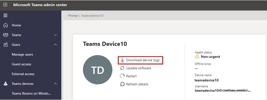 Captura de pantalla del campo Dispositivo de Teams. La característica denominada Descargar registros de dispositivos está resaltada.