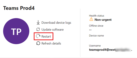Captura de pantalla de la opción de reinicio resaltada en la página del dispositivo.