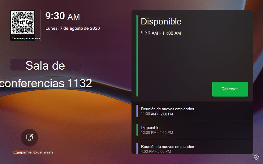 Imagen de la pantalla principal de los paneles de Teams cuando la sala está disponible.