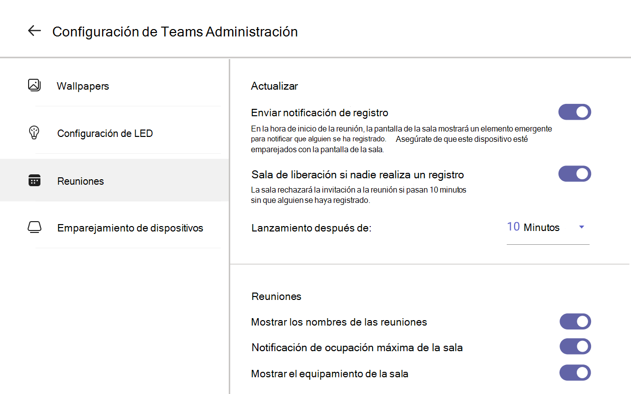 Captura de pantalla que muestra la configuración del Panel de Teams.
