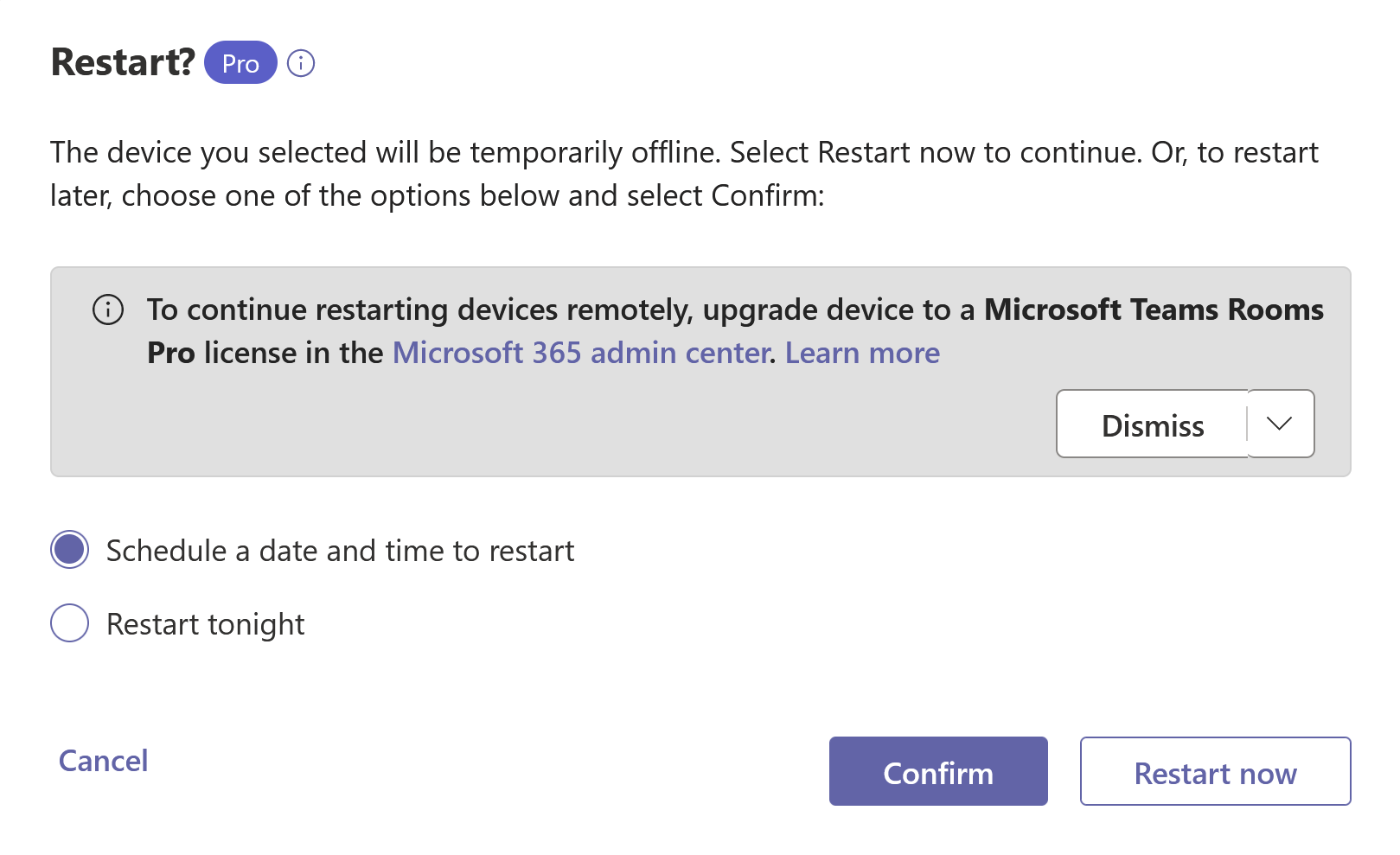 Salas de Teams cuadro de diálogo de reinicio del dispositivo que muestra el icono Pro.