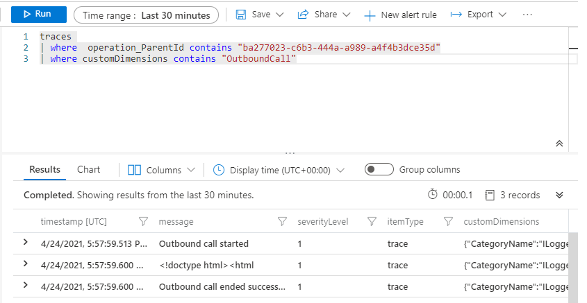 Esta consulta limita los resultados a los registros añadidos durante el ámbito de OutboundCall.
