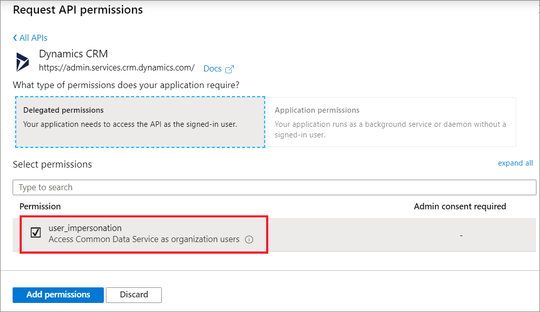 Agregando el permiso user_impersonation de Dataverse.