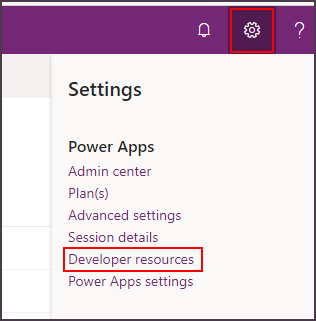 Captura de pantalla del menú Recursos para desarrolladores en la configuración de Power Apps.