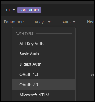 Captura de pantalla de la lista desplegable de pestañas de autenticación con OAuth 2.0 seleccionado como tipo de autenticación.