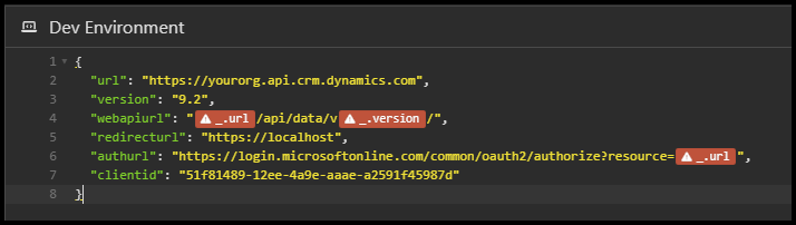 Captura de pantalla del entorno base de Insomnia con advertencias de variables sin resolver.