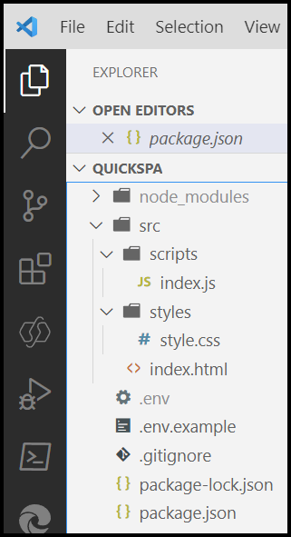 Captura de pantalla del proyecto quickspa en Visual Studio Code después de agregar archivos.