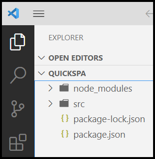 Captura de pantalla del nuevo proyecto quickspa en Visual Studio Code antes de agregar archivos.