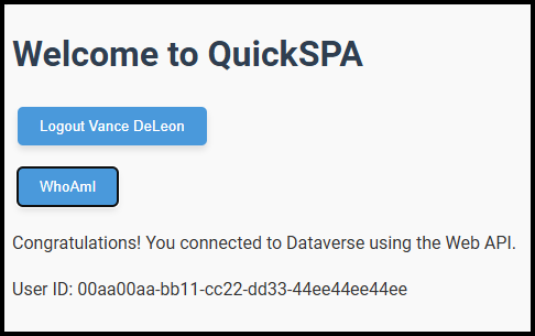 Captura de pantalla del inicio rápido completado de Dataverse Web API que muestra el identificador del usuario que ha iniciado sesión.