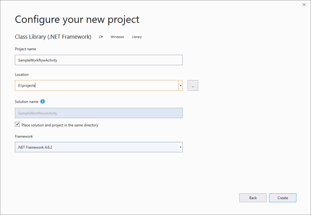 Configure el cuadro de diálogo del nuevo proyecto en Visual Studio 2019.