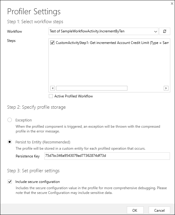 Cuadro de diálogo de configuración del generador de perfiles.