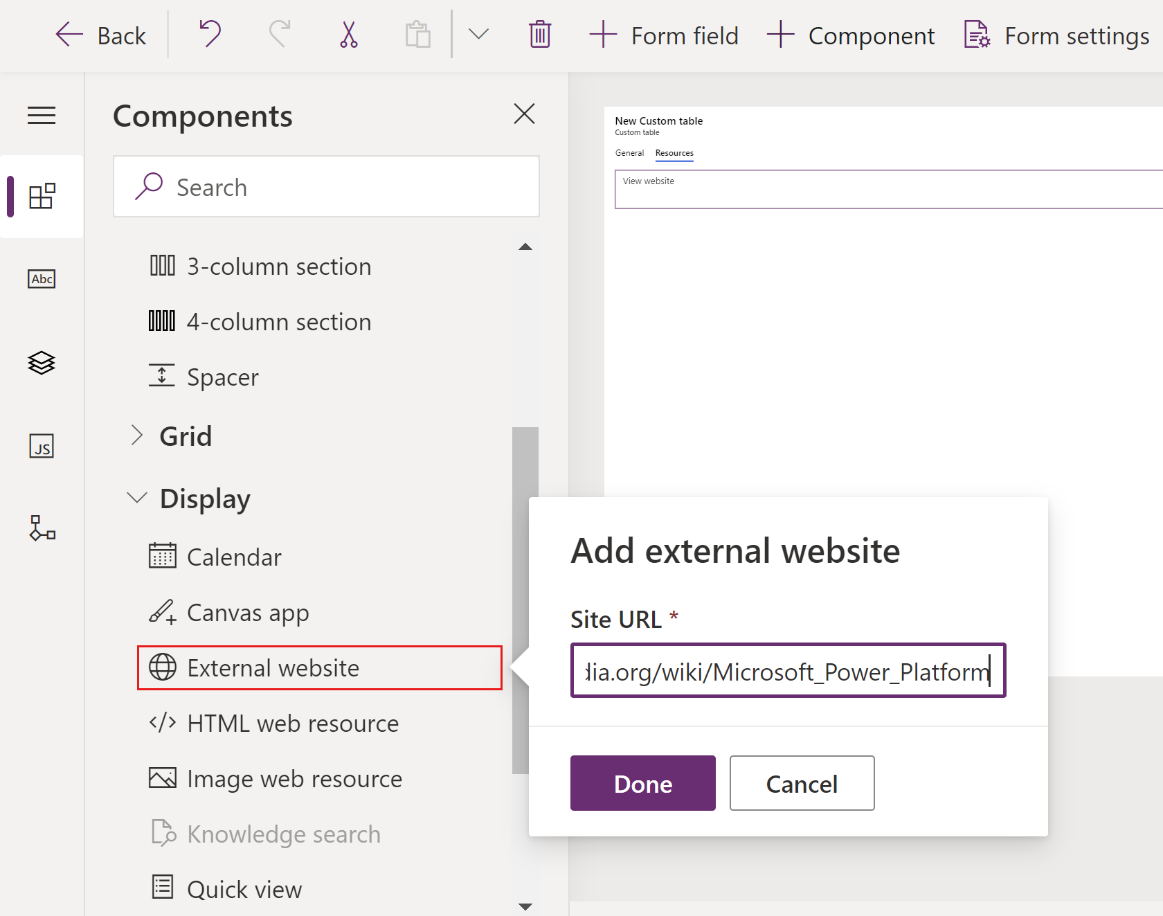 Para agregar un sitio web externo a un formulario principal, seleccione Sitio web externo.