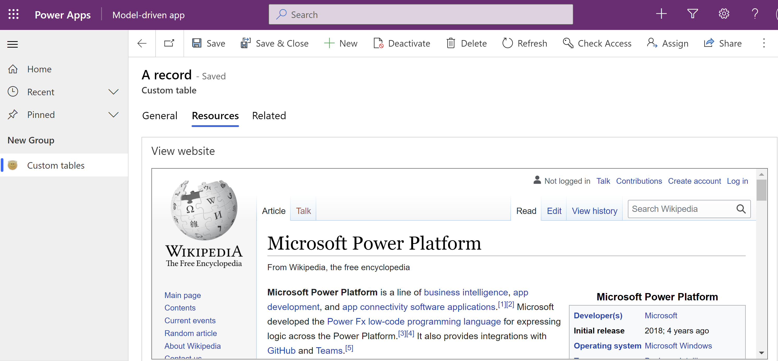 Iframe que muestra una página web en una aplicación controlada por modelos