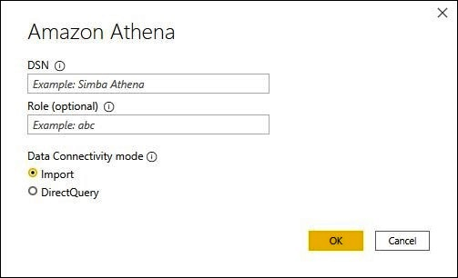 Captura de pantalla del cuadro de diálogo conector de Amazon Athena en el que se escribe la información de conexión.