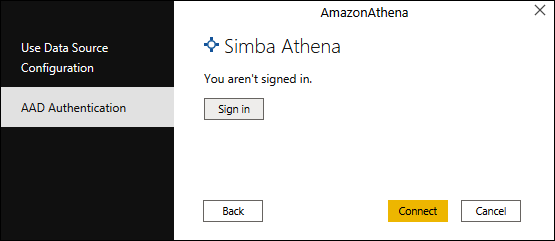 Captura de pantalla del cuadro de diálogo de autenticación de Amazon Athena donde se elige un método de autenticación.