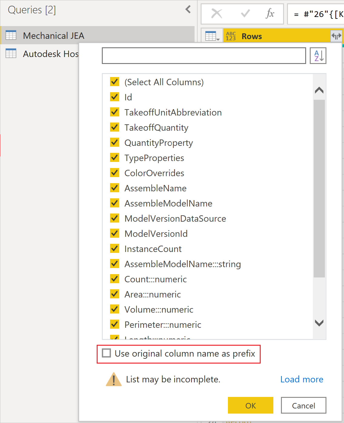 Captura de pantalla del menú de la columna dividida en la que deseleccionas usar el nombre de columna original como prefijo