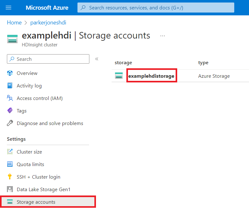 Captura de pantalla de la cuenta de HDInsight en Azure Portal, con el menú Cuentas de almacenamiento resaltado y una cuenta de almacenamiento seleccionada.