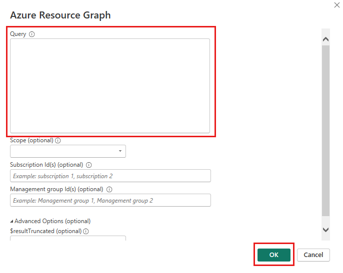 Captura de pantalla del cuadro de diálogo de entrada con el conector de Azure Resource Graph resaltado.