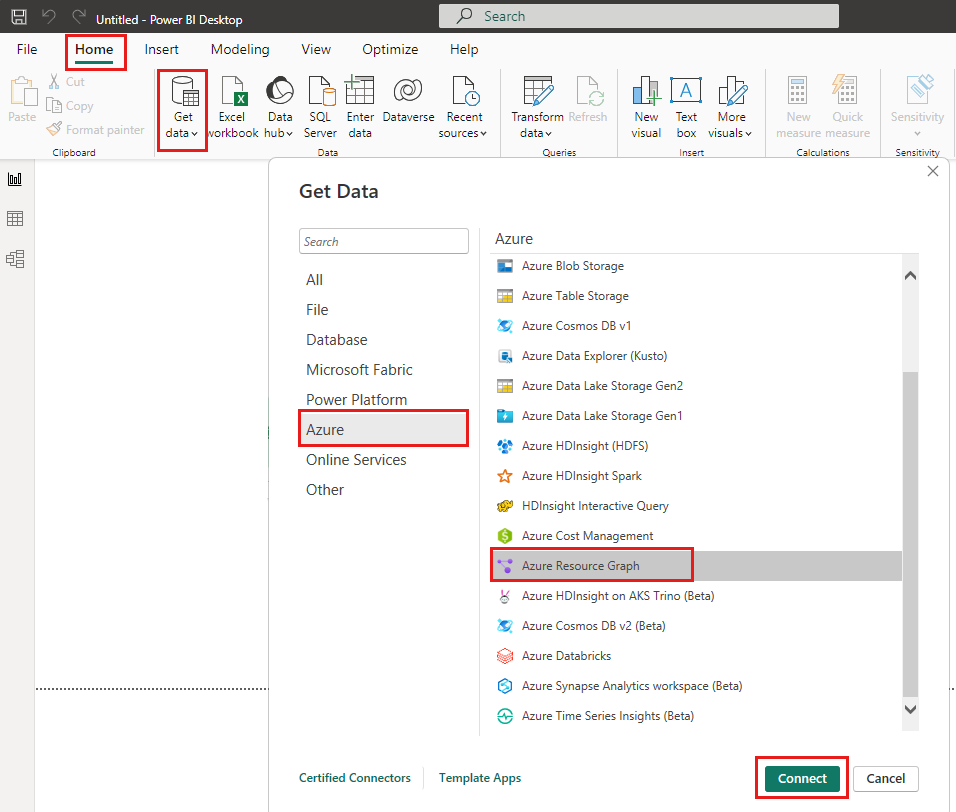 Captura de pantalla del cuadro de diálogo Obtener datos con el conector de Azure Resource Graph resaltado.