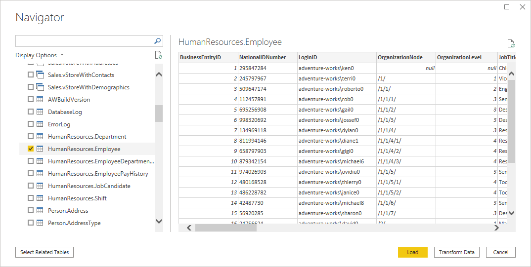 Power Query Desktop Navigator que muestra los datos de empleados de recursos humanos.