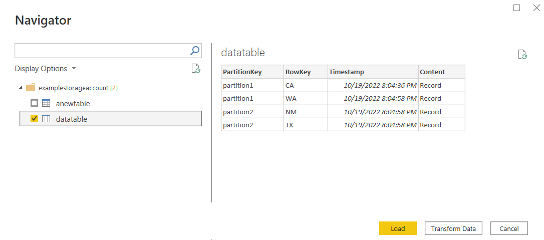 Captura de pantalla del navegador de Azure Table Storage, en la que se muestra una de las dos tablas seleccionadas.