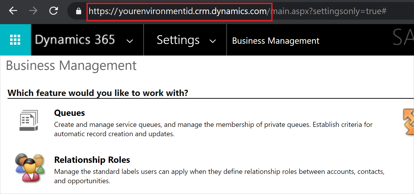 Ubicación de la dirección URL del entorno de Common Data Service (Legacy).