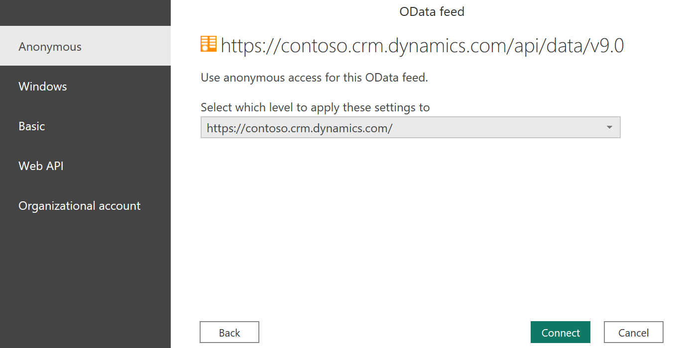 Captura de pantalla del cuadro de diálogo de acceso anónimo de Dynamics 365 Online (heredado), que muestra las demás opciones a lo largo del lado.