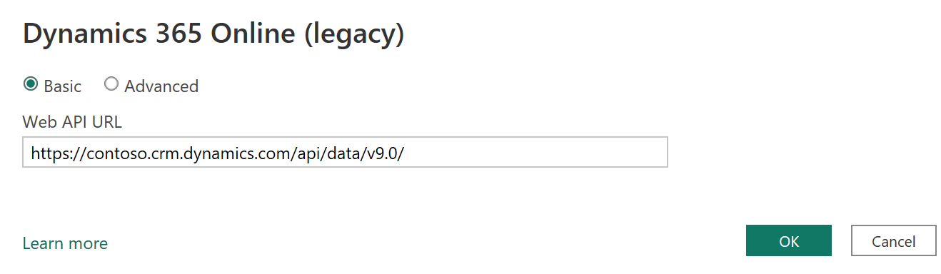 Captura de pantalla del cuadro de diálogo Dynamics 365 Online (heredado), en la que se muestra una dirección URL de api web con formato de ejemplo.