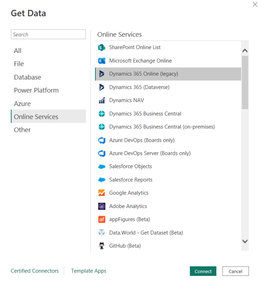 Captura de pantalla del cuadro de diálogo Obtener datos, en la que se muestra la selección de la base de datos dynamics 365 Online (heredada).