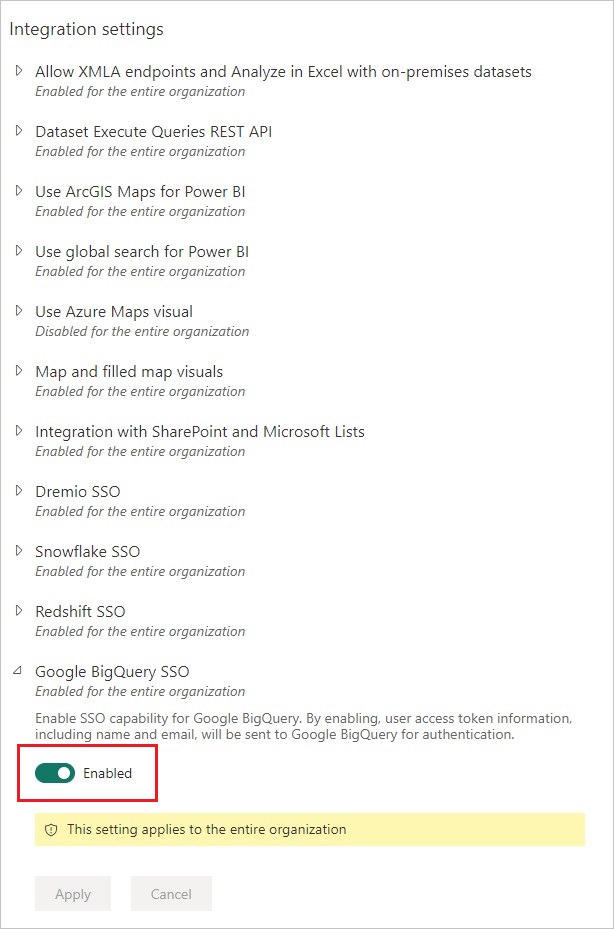 Captura de pantalla de la opción SSO de Google BigQuery con el botón 