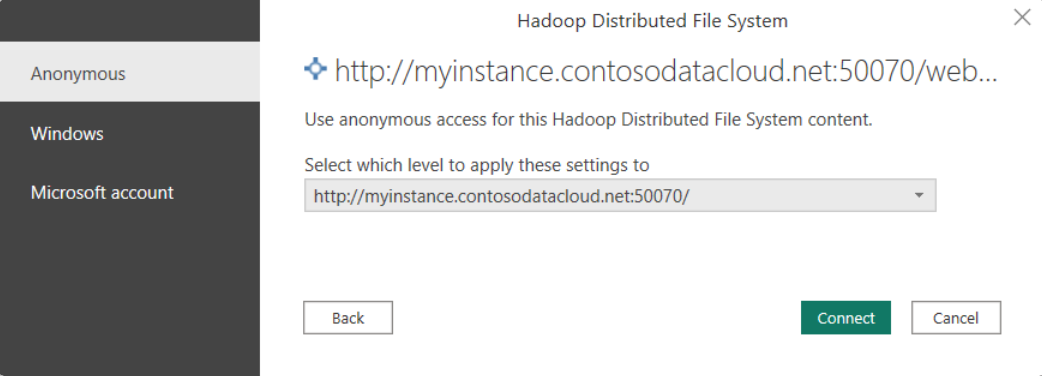 Captura de pantalla del cuadro de diálogo de acceso anónimo al archivo de Hadoop (HDFS).