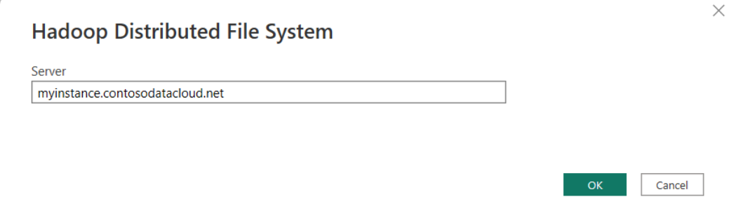 Captura de pantalla del cuadro de diálogo Archivo de Hadoop (HDFS), que muestra el nombre del servidor agregado.