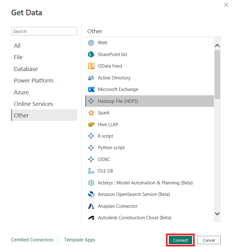 Captura de pantalla del cuadro de diálogo Obtener datos, donde se muestra la selección de la base de datos de archivos de Hadoop (HDFS).