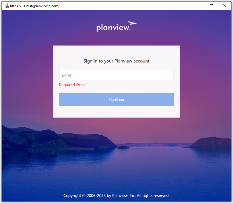 Captura de pantalla de la pantalla de inicio de sesión en Planview OKR.