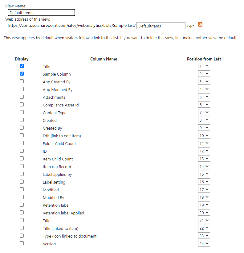 Captura de pantalla que muestra un ejemplo de configuración de vista para una vista específica en la lista de SharePoint Online.