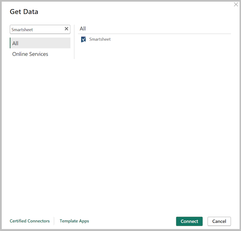 Captura de pantalla del cuadro de diálogo Obtener datos para Smartsheet.
