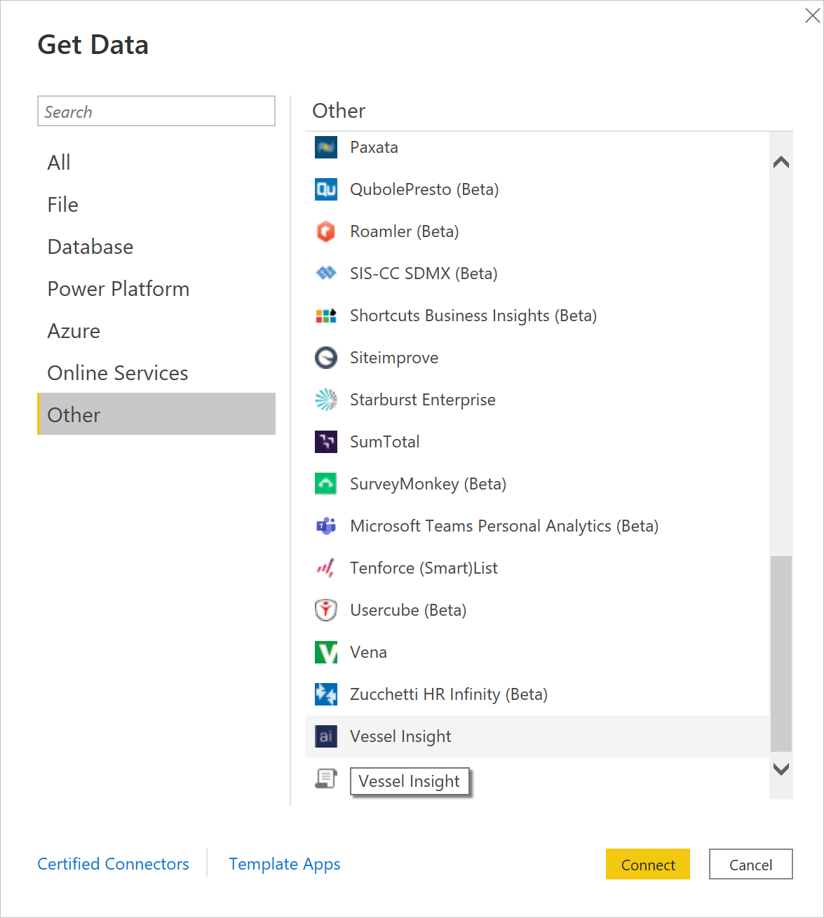Captura de pantalla del cuadro de diálogo Obtener datos con Vessel Insight seleccionado.