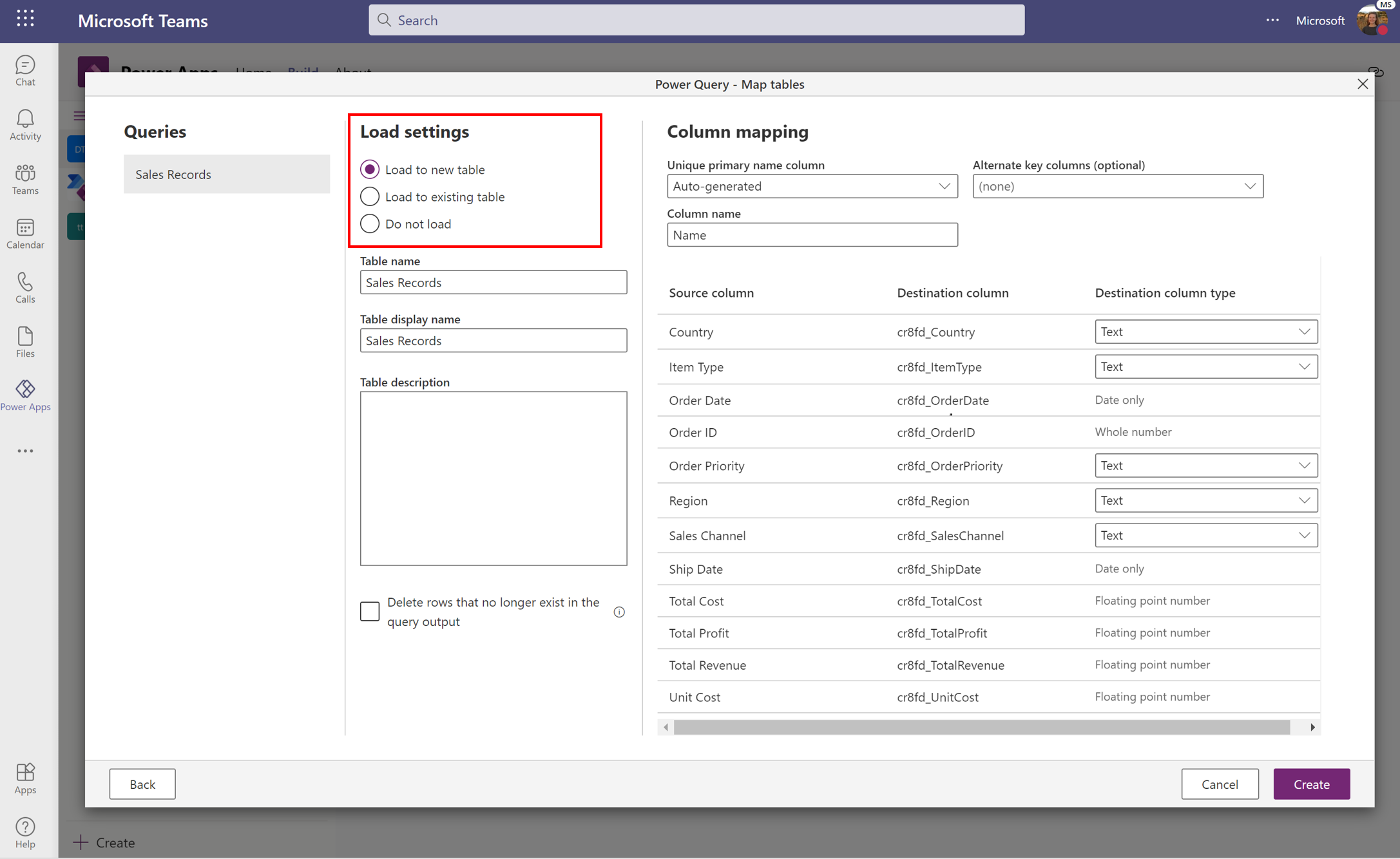 Mapeo de datos a Dataverse para Teams.